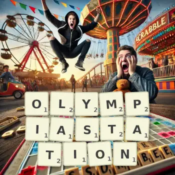 Kreative Illustration für ein Scrabble-Spiel, bei dem das Wort OLYMPIASTATION mit Steinen auf dem Brett gelegt wurde.
