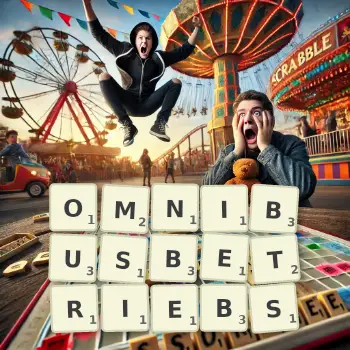 Kreative Illustration für ein Scrabble-Spiel, bei dem das Wort OMNIBUSBETRIEBS mit Steinen auf dem Brett gelegt wurde.