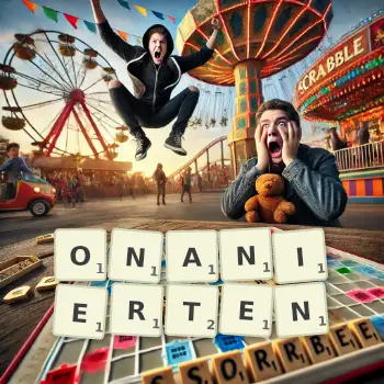 Kreative Illustration für ein Scrabble-Spiel, bei dem das Wort ONANIERTEN mit Steinen auf dem Brett gelegt wurde.