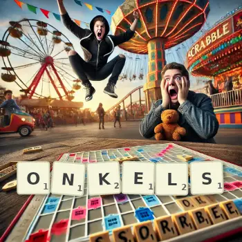 Kreative Illustration für ein Scrabble-Spiel, bei dem das Wort ONKELS mit Steinen auf dem Brett gelegt wurde.