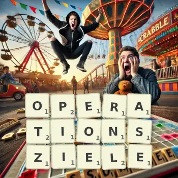 Kreative Illustration für ein Scrabble-Spiel, bei dem das Wort OPERATIONSZIELE mit Steinen auf dem Brett gelegt wurde.