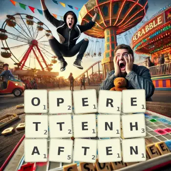 Kreative Illustration für ein Scrabble-Spiel, bei dem das Wort OPERETTENHAFTEN mit Steinen auf dem Brett gelegt wurde.