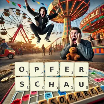 Kreative Illustration für ein Scrabble-Spiel, bei dem das Wort OPFERSCHAU mit Steinen auf dem Brett gelegt wurde.