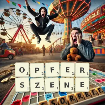 Kreative Illustration für ein Scrabble-Spiel, bei dem das Wort OPFERSZENE mit Steinen auf dem Brett gelegt wurde.