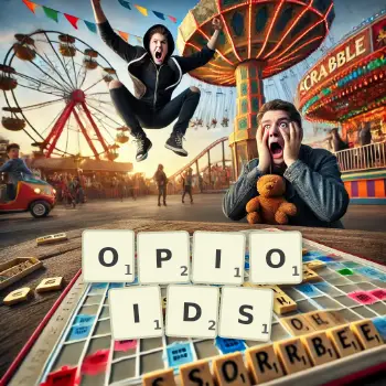 Kreative Illustration für ein Scrabble-Spiel, bei dem das Wort OPIOIDS mit Steinen auf dem Brett gelegt wurde.