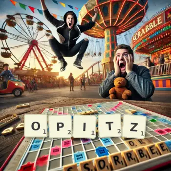 Kreative Illustration für ein Scrabble-Spiel, bei dem das Wort OPITZ mit Steinen auf dem Brett gelegt wurde.