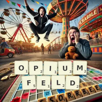 Kreative Illustration für ein Scrabble-Spiel, bei dem das Wort OPIUMFELD mit Steinen auf dem Brett gelegt wurde.