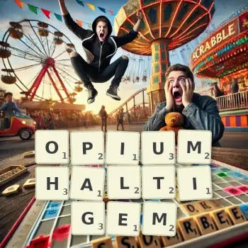 Kreative Illustration für ein Scrabble-Spiel, bei dem das Wort OPIUMHALTIGEM mit Steinen auf dem Brett gelegt wurde.