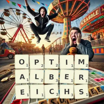 Kreative Illustration für ein Scrabble-Spiel, bei dem das Wort OPTIMALBEREICHS mit Steinen auf dem Brett gelegt wurde.