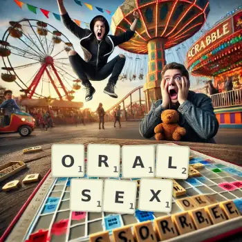Kreative Illustration für ein Scrabble-Spiel, bei dem das Wort ORALSEX mit Steinen auf dem Brett gelegt wurde.