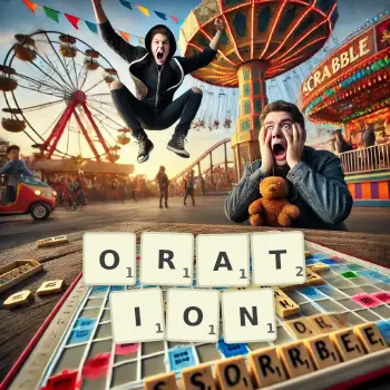 Kreative Illustration für ein Scrabble-Spiel, bei dem das Wort ORATION mit Steinen auf dem Brett gelegt wurde.