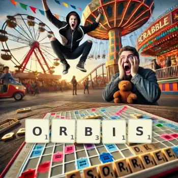 Kreative Illustration für ein Scrabble-Spiel, bei dem das Wort ORBIS mit Steinen auf dem Brett gelegt wurde.