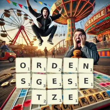 Kreative Illustration für ein Scrabble-Spiel, bei dem das Wort ORDENSGESETZE mit Steinen auf dem Brett gelegt wurde.