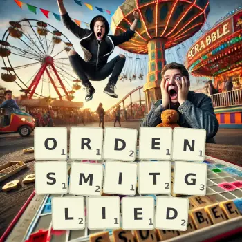 Kreative Illustration für ein Scrabble-Spiel, bei dem das Wort ORDENSMITGLIED mit Steinen auf dem Brett gelegt wurde.