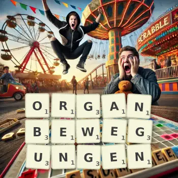 Kreative Illustration für ein Scrabble-Spiel, bei dem das Wort ORGANBEWEGUNGEN mit Steinen auf dem Brett gelegt wurde.