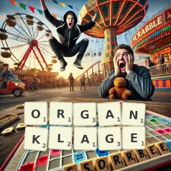 Kreative Illustration für ein Scrabble-Spiel, bei dem das Wort ORGANKLAGE mit Steinen auf dem Brett gelegt wurde.