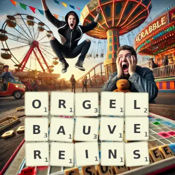 Kreative Illustration für ein Scrabble-Spiel, bei dem das Wort ORGELBAUVEREINS mit Steinen auf dem Brett gelegt wurde.