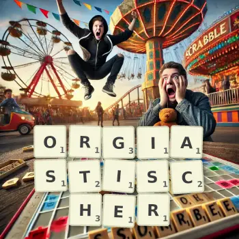 Kreative Illustration für ein Scrabble-Spiel, bei dem das Wort ORGIASTISCHER mit Steinen auf dem Brett gelegt wurde.