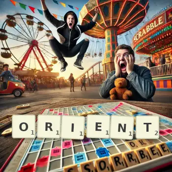Kreative Illustration für ein Scrabble-Spiel, bei dem das Wort ORIENT mit Steinen auf dem Brett gelegt wurde.