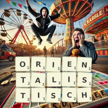 Kreative Illustration für ein Scrabble-Spiel, bei dem das Wort ORIENTALISTISCH mit Steinen auf dem Brett gelegt wurde.