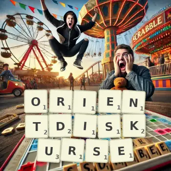 Kreative Illustration für ein Scrabble-Spiel, bei dem das Wort ORIENTDISKURSE mit Steinen auf dem Brett gelegt wurde.