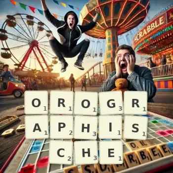 Kreative Illustration für ein Scrabble-Spiel, bei dem das Wort OROGRAPHISCHE mit Steinen auf dem Brett gelegt wurde.