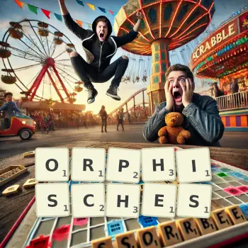 Kreative Illustration für ein Scrabble-Spiel, bei dem das Wort ORPHISCHES mit Steinen auf dem Brett gelegt wurde.