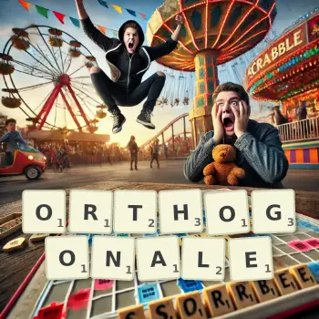 Kreative Illustration für ein Scrabble-Spiel, bei dem das Wort ORTHOGONALE mit Steinen auf dem Brett gelegt wurde.