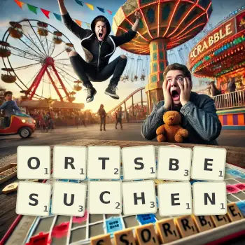 Kreative Illustration für ein Scrabble-Spiel, bei dem das Wort ORTSBESUCHEN mit Steinen auf dem Brett gelegt wurde.
