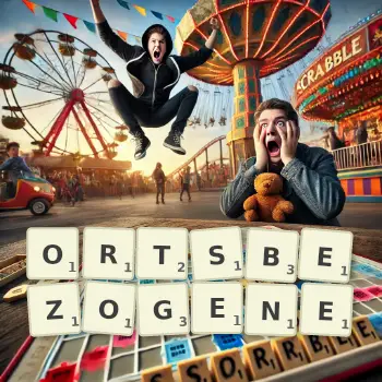 Kreative Illustration für ein Scrabble-Spiel, bei dem das Wort ORTSBEZOGENE mit Steinen auf dem Brett gelegt wurde.