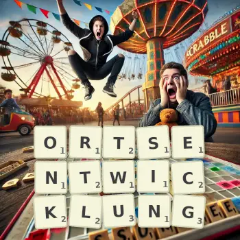 Kreative Illustration für ein Scrabble-Spiel, bei dem das Wort ORTSENTWICKLUNG mit Steinen auf dem Brett gelegt wurde.
