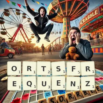 Kreative Illustration für ein Scrabble-Spiel, bei dem das Wort ORTSFREQUENZ mit Steinen auf dem Brett gelegt wurde.