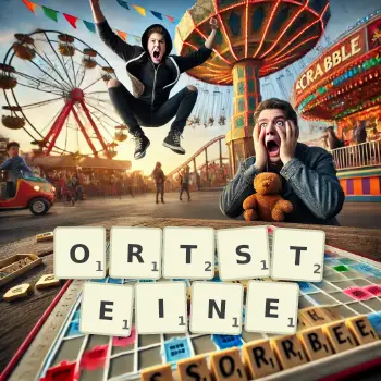 Kreative Illustration für ein Scrabble-Spiel, bei dem das Wort ORTSTEINE mit Steinen auf dem Brett gelegt wurde.