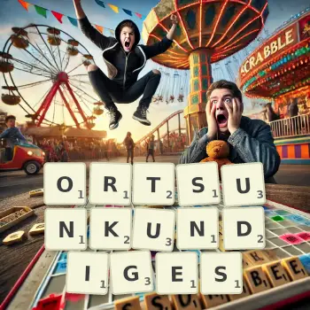 Kreative Illustration für ein Scrabble-Spiel, bei dem das Wort ORTSUNKUNDIGES mit Steinen auf dem Brett gelegt wurde.