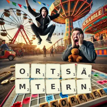 Kreative Illustration für ein Scrabble-Spiel, bei dem das Wort ORTSÄMTERN mit Steinen auf dem Brett gelegt wurde.