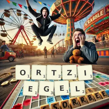 Kreative Illustration für ein Scrabble-Spiel, bei dem das Wort ORTZIEGEL mit Steinen auf dem Brett gelegt wurde.