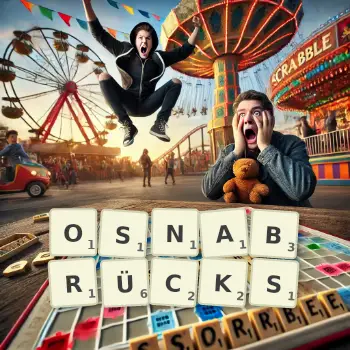 Kreative Illustration für ein Scrabble-Spiel, bei dem das Wort OSNABRÜCKS mit Steinen auf dem Brett gelegt wurde.
