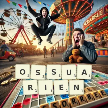 Kreative Illustration für ein Scrabble-Spiel, bei dem das Wort OSSUARIEN mit Steinen auf dem Brett gelegt wurde.