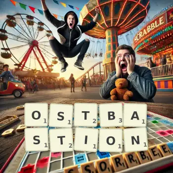 Kreative Illustration für ein Scrabble-Spiel, bei dem das Wort OSTBASTION mit Steinen auf dem Brett gelegt wurde.