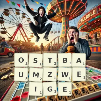 Kreative Illustration für ein Scrabble-Spiel, bei dem das Wort OSTBAUMZWEIGE mit Steinen auf dem Brett gelegt wurde.