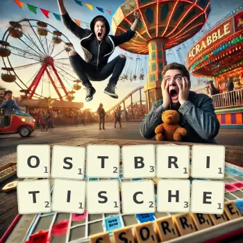 Kreative Illustration für ein Scrabble-Spiel, bei dem das Wort OSTBRITISCHE mit Steinen auf dem Brett gelegt wurde.