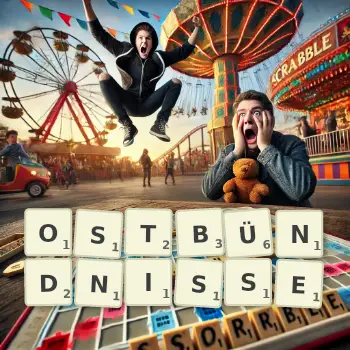 Kreative Illustration für ein Scrabble-Spiel, bei dem das Wort OSTBÜNDNISSE mit Steinen auf dem Brett gelegt wurde.