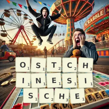 Kreative Illustration für ein Scrabble-Spiel, bei dem das Wort OSTCHINESISCHE mit Steinen auf dem Brett gelegt wurde.