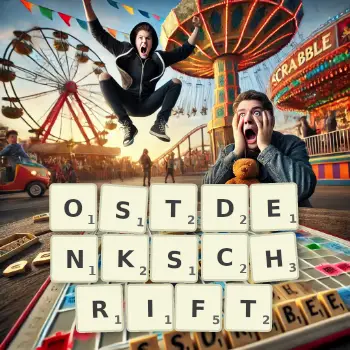 Kreative Illustration für ein Scrabble-Spiel, bei dem das Wort OSTDENKSCHRIFT mit Steinen auf dem Brett gelegt wurde.