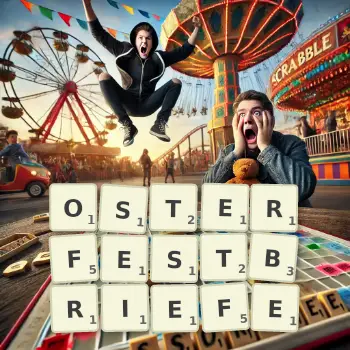 Kreative Illustration für ein Scrabble-Spiel, bei dem das Wort OSTERFESTBRIEFE mit Steinen auf dem Brett gelegt wurde.