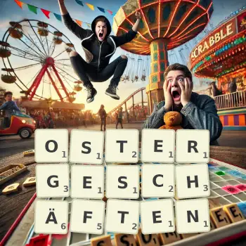 Kreative Illustration für ein Scrabble-Spiel, bei dem das Wort OSTERGESCHÄFTEN mit Steinen auf dem Brett gelegt wurde.