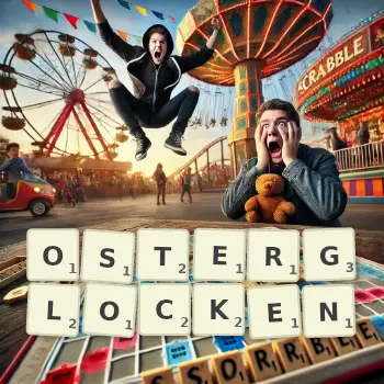 Kreative Illustration für ein Scrabble-Spiel, bei dem das Wort OSTERGLOCKEN mit Steinen auf dem Brett gelegt wurde.