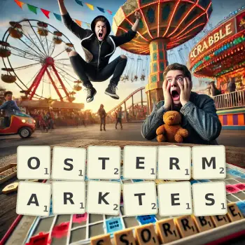 Kreative Illustration für ein Scrabble-Spiel, bei dem das Wort OSTERMARKTES mit Steinen auf dem Brett gelegt wurde.