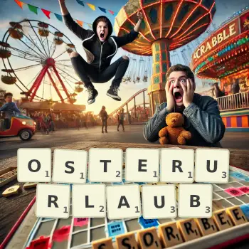Kreative Illustration für ein Scrabble-Spiel, bei dem das Wort OSTERURLAUB mit Steinen auf dem Brett gelegt wurde.