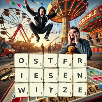 Kreative Illustration für ein Scrabble-Spiel, bei dem das Wort OSTFRIESENWITZE mit Steinen auf dem Brett gelegt wurde.